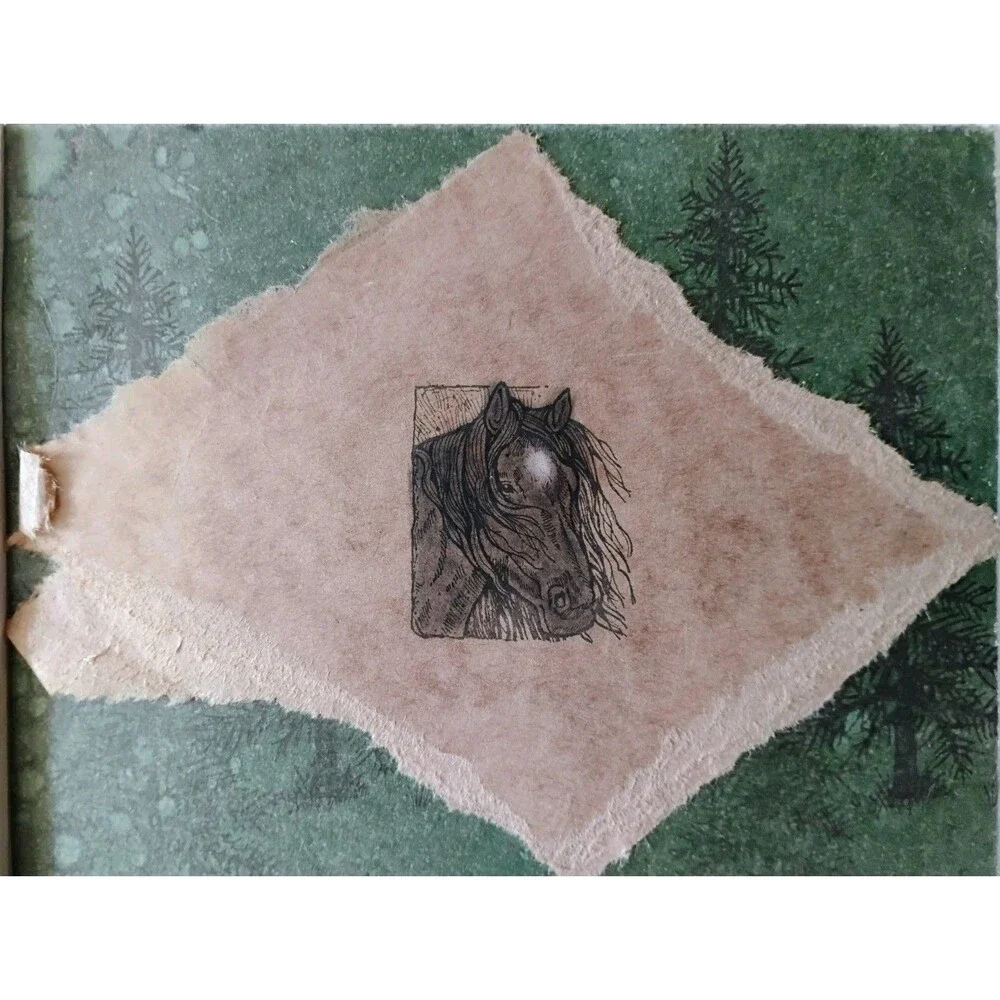 Miniature Mixed Media Horse Block Print Art 5.5x7 Rustic Pine Forest Card
